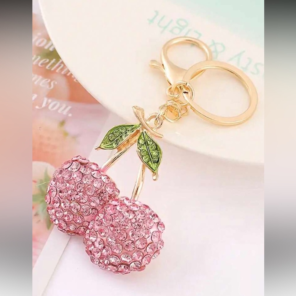 Pink Rhinestone Cherry 🍒 Bag Charm Keychain Gold NWT